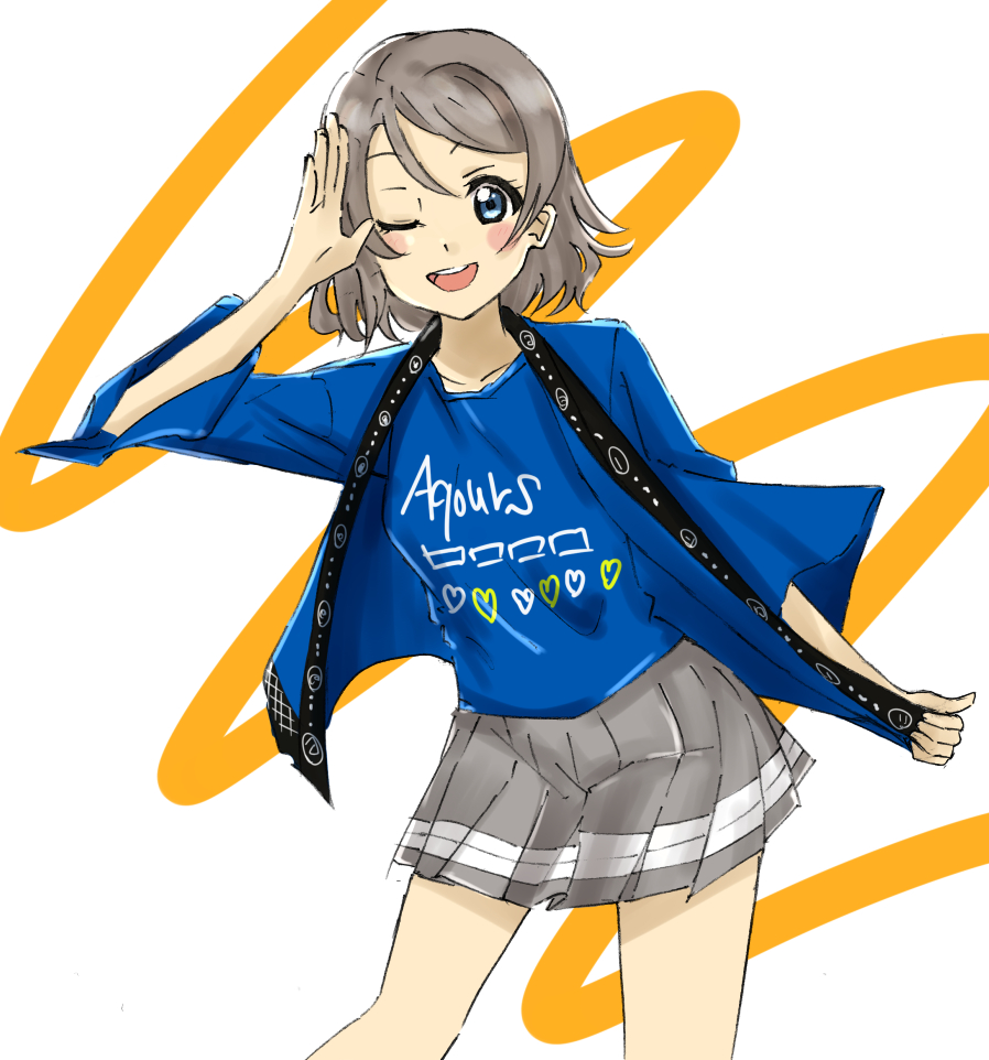 1girl arm_up blue_eyes blush brown_hair happi japanese_clothes love_live! love_live!_sunshine!! one_eye_closed open_mouth shirt short_hair simple_background skirt skt_(ryxxxxx) smile t-shirt thighs watanabe_you