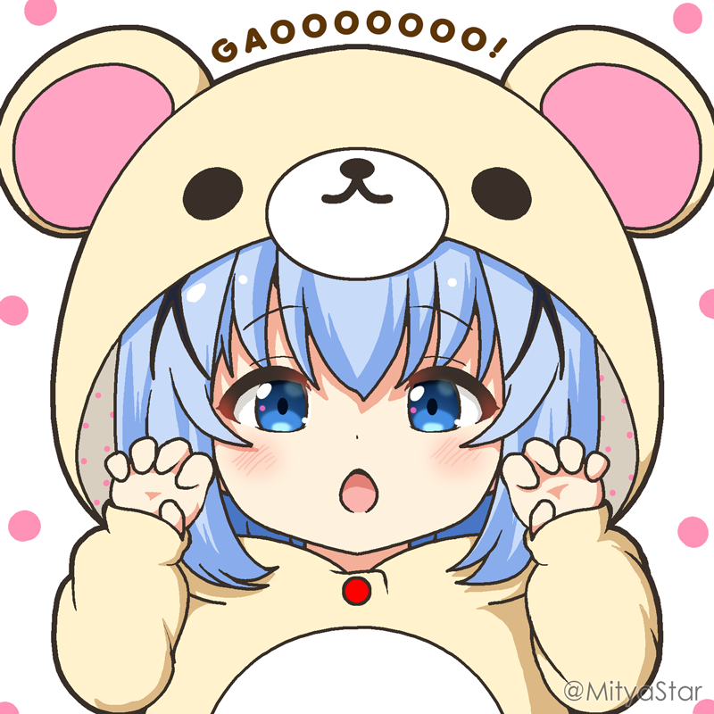 1girl animal_costume animal_ears animal_hood bear_costume bear_ears bear_hood blue_eyes blue_hair blush chibi claw_pose commentary fake_animal_ears gao gochuumon_wa_usagi_desu_ka? hair_between_eyes hair_ornament hands_up hood hood_up kafuu_chino long_hair long_sleeves looking_at_viewer mitya open_mouth polka_dot polka_dot_background puffy_long_sleeves puffy_sleeves revision simple_background sleeves_past_wrists solo twitter_username upper_body white_background x_hair_ornament