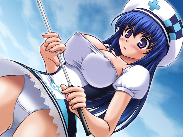 1girl abu areola_slip arin beret blue_hair breasts cleavage covered_erect_nipples female_focus from_below golf golf_club hat large_breasts lifeguard long_hair miniskirt nipple_slip nipples nurse pangya panties purple_eyes skirt solo underwear upskirt white_panties