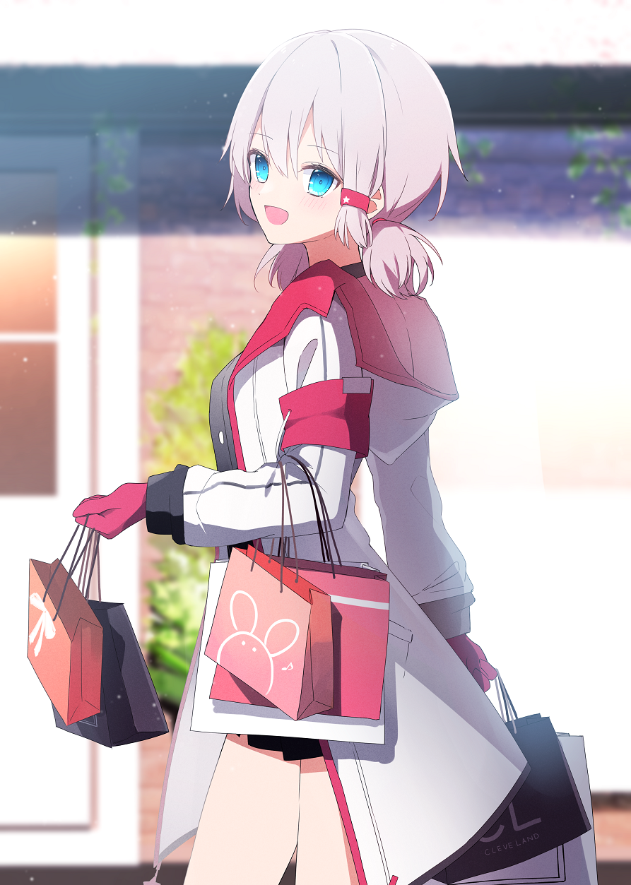 1girl :d a.a_(aa772) azur_lane bag black_shirt black_skirt blue_eyes blurry blurry_background blush commentary_request day denver_(azur_lane) depth_of_field elbow_carry gloves grey_hair hair_between_eyes highres holding holding_bag jacket looking_at_viewer looking_to_the_side low_twintails open_clothes open_jacket open_mouth outdoors paper_bag pleated_skirt red_gloves shirt shopping_bag short_twintails skirt smile solo twintails white_jacket