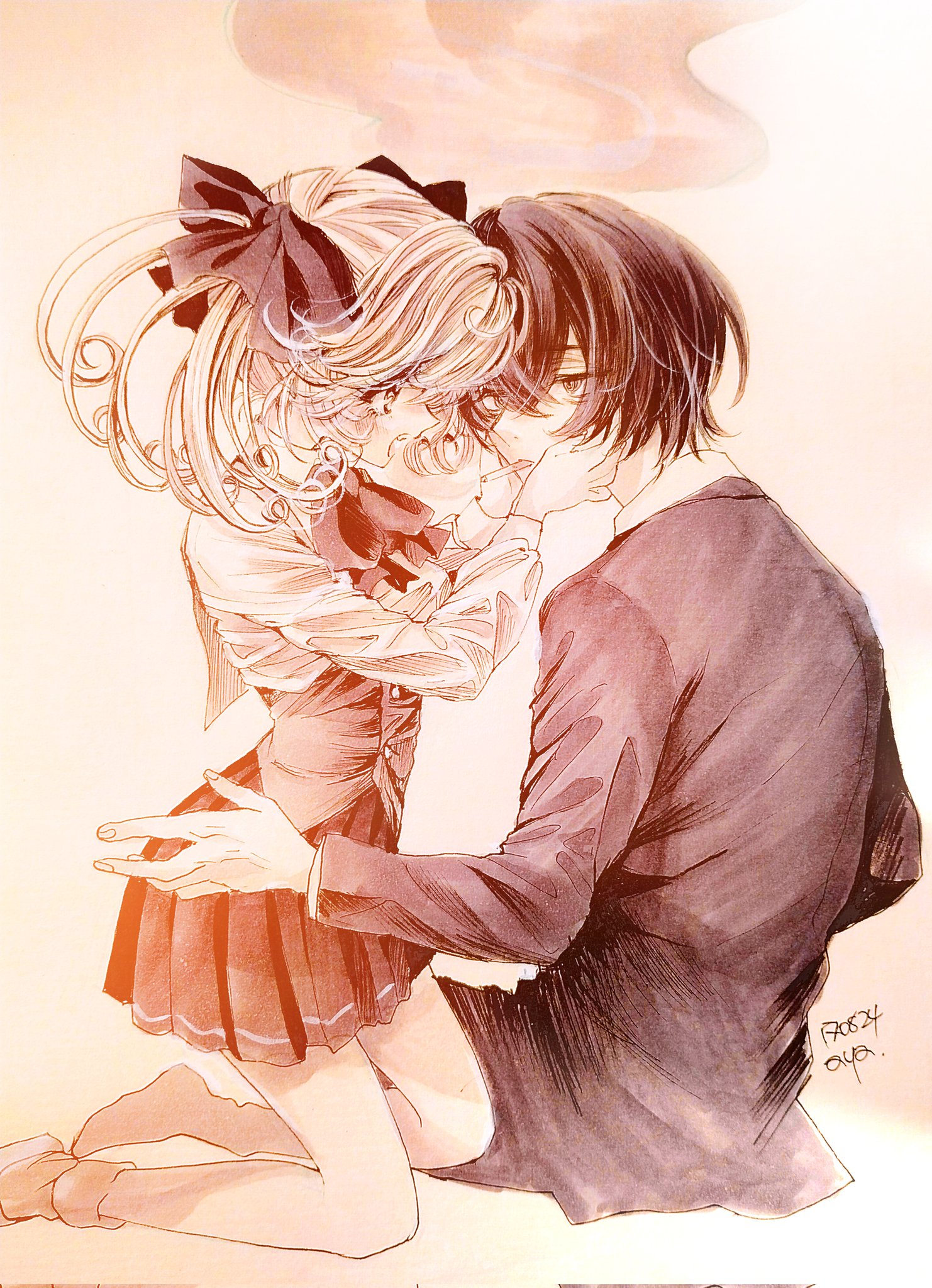 1boy 1girl aya_carmine bow cigarette expressionless eye_contact formal_clothes greyscale hair_bow hands_on_another's_face highres hitomi_hirosuke_(sayonara_wo_oshiete) kneeling looking_at_another millipen_(medium) monochrome nib_pen_(medium) open_mouth pen_(medium) sayonara_wo_oshiete school_uniform sitting skirt suit tamachi_mahiru traditional_media twintails vest