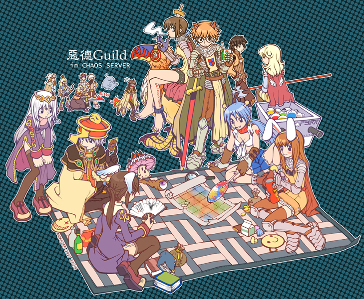 2000s_(style) 6+boys 6+girls animal_ears apple_on_head archer_(ragnarok_online) armor armored_boots bad_id bandana belt bird black-framed_eyewear black_eyes black_hair black_pants black_thighhighs blacksmith_(ragnarok_online) blonde_hair blowing_smoke blue_background blue_hair blue_shorts book boots bottle brown_belt brown_capelet brown_footwear brown_gloves brown_hair brown_pants brown_thighhighs cape capelet card cat_ears chainmail cigarette circlet closed_mouth commentary_request creature crop_top dated_commentary dress emblem expressionless fake_animal_ears fingerless_gloves folding_fan full_body gauntlets glasses gloves goblin_mask green_cape grey_hair halberd hand_fan hat holding holding_card holding_cigarette holding_fan holding_sword holding_weapon juliet_sleeves knifed knight_(ragnarok_online) korean_commentary leaning_forward long_hair long_sleeves looking_at_another looking_to_the_side map mask monster_gogo multiple_boys multiple_girls mushroom official_art ofuda open_mouth orange_hair pants pauldrons peco_peco picnic polearm potion priest_(ragnarok_online) puffy_sleeves pullcart purple_dress qingdai_guanmao rabbit_ears ragnarok_online red_bandana red_cape red_hat red_shirt riding riding_bird sack shirt shoes short_hair shorts shoulder_armor side_slit sitting sleeveless sleeveless_shirt smile smiley_face smoking spore_(ragnarok_online) staff sword swordsman_(ragnarok_online) tabard thief_(ragnarok_online) thighhighs tied_shirt unworn_mask weapon whisper_(ragnarok_online) white_cape white_hair white_shirt white_tabard wizard_(ragnarok_online) yokozuwari