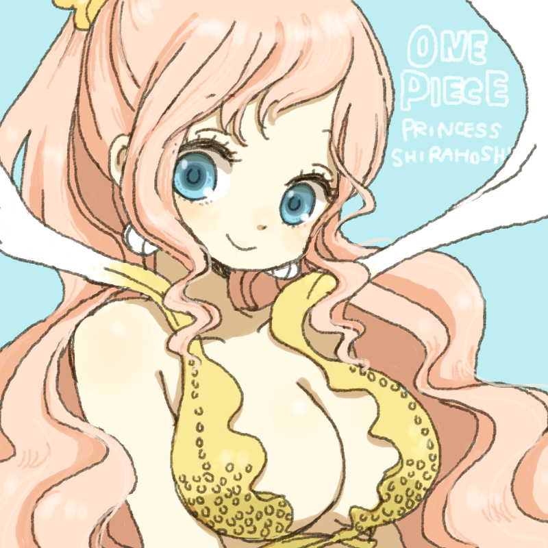 1girl bikini bikini_top_only blue_eyes breasts character_name cleavage copyright_name earrings fishman_island jewelry large_breasts long_hair mermaid monster_girl one_piece pink_hair princess shirahoshi smile swimsuit yukke