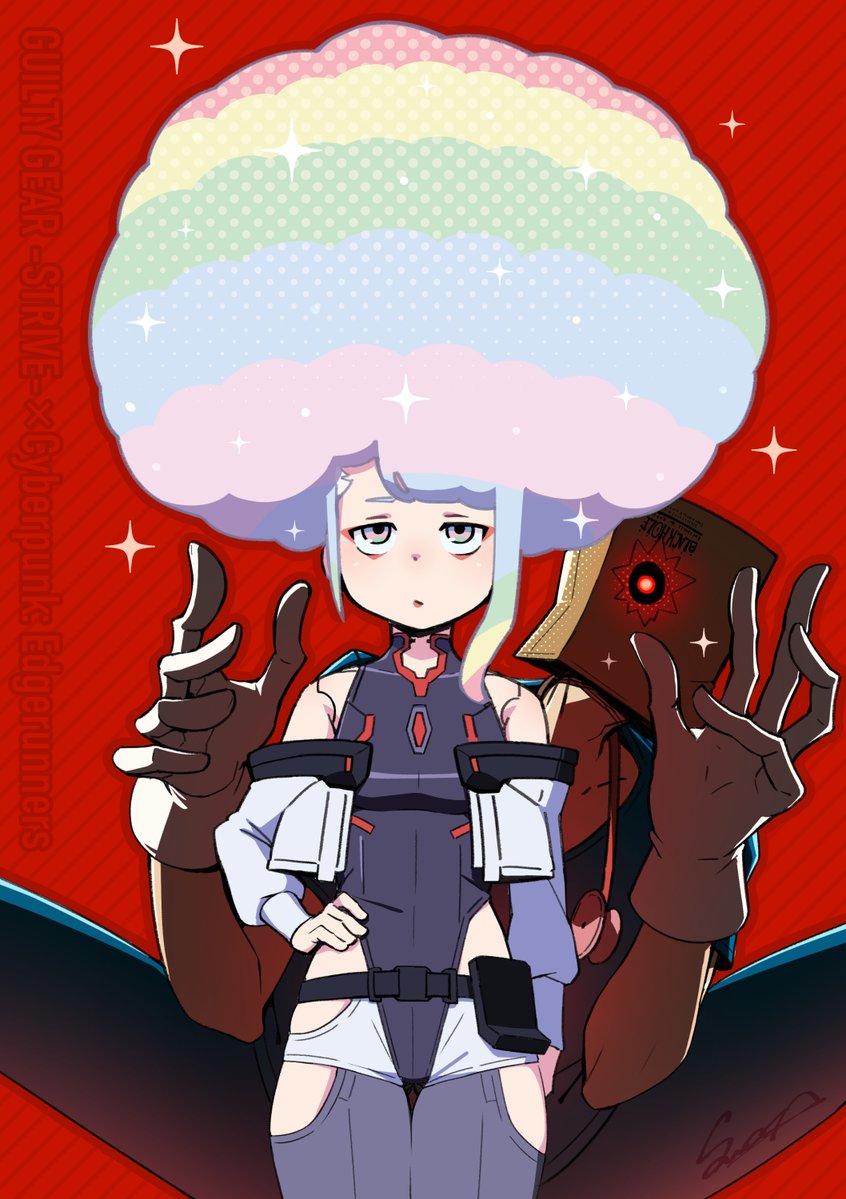1girl afro bad_tag bag bag_over_head breasts crossover cyberpunk_(series) cyberpunk_edgerunners cyborg doctor expressionless eyeliner faust_(guilty_gear) guilty_gear guilty_gear_strive leotard looking_up lucy_(cyberpunk) makeup multicolored_eyes multicolored_hair paper_bag rainbow_hair red_background red_eyeliner red_lips sawasa sparkle