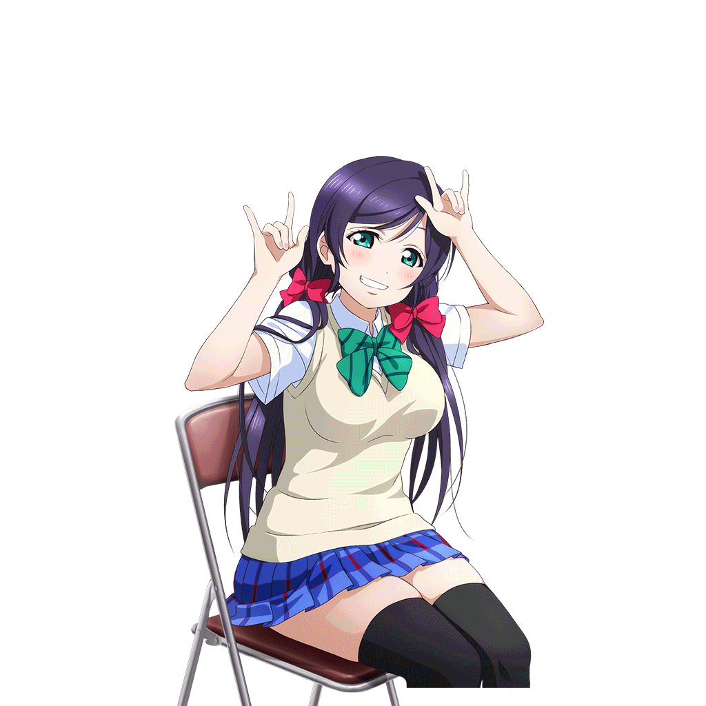 1girl \m/ black_thighhighs blue_skirt blush bow bowtie breasts brown_sweater_vest chair cosplay cowboy_shot diagonal-striped_bow diagonal-striped_bowtie diagonal-striped_clothes double_\m/ dress_shirt folding_chair green_bow green_bowtie green_eyes grin hair_bow hair_ornament hands_up large_breasts long_hair looking_at_viewer love_live! love_live!_school_idol_festival love_live!_school_idol_project miniskirt nico_nico_nii official_art otonokizaka_school_uniform plaid_clothes plaid_skirt pleated_skirt purple_hair red_bow school_uniform shirt short_sleeves sitting skirt smile solo striped_clothes summer_uniform sweater_vest thighhighs tojo_nozomi transparent_background twintails white_shirt yazawa_nico yazawa_nico_(cosplay)
