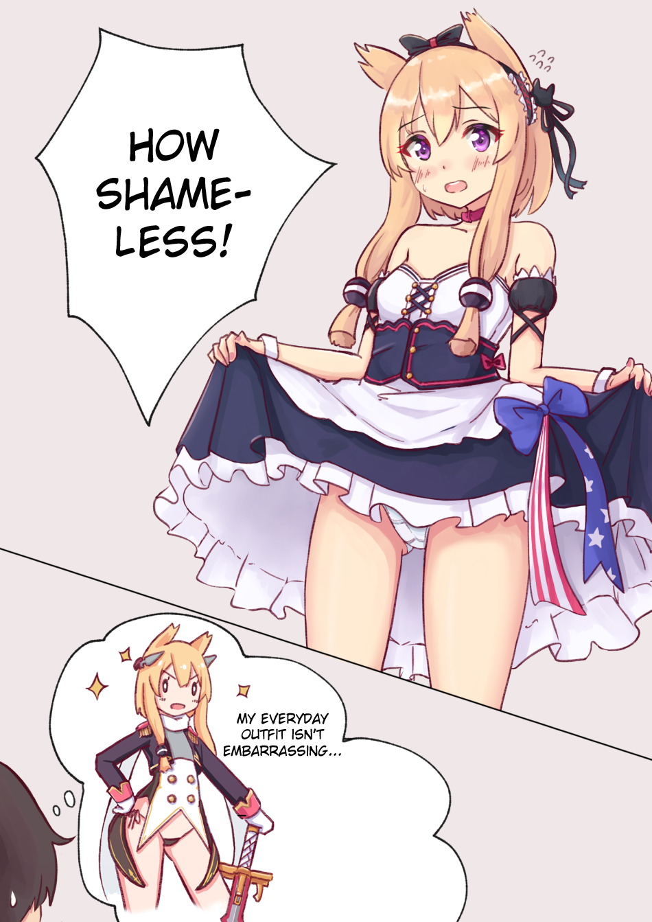 1boy 1girl american_flag american_flag_print azur_lane bare_shoulders black_dress black_panties black_ribbon blonde_hair blush bow brown_background cat_hair_ornament clothes_lift collarbone commentary_request cosplay dress dress_lift flag_print flying_sweatdrops gloves hair_between_eyes hair_bow hair_ornament hair_ribbon hammann_(azur_lane) hammann_(azur_lane)_(cosplay) hand_on_hilt hard-translated headgear highres kaede_shiroppu long_hair long_sleeves open_mouth panties puffy_short_sleeves puffy_sleeves purple_eyes remodel_(azur_lane) ribbon scarf short_sleeves side-tie_panties sparkle strapless strapless_dress sweat sword teeth third-party_edit translated underwear upper_teeth_only very_long_hair warspite_(azur_lane) weapon white_gloves white_panties white_scarf wrist_cuffs