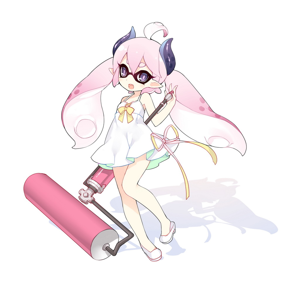 1girl ahoge demon_girl dress fang female_focus full_body horns inkling inkling_player_character long_hair looking_at_viewer mofetousu_furuna monster_girl nintendo open_mouth original paint_roller pink_hair pointy_ears purple_eyes saru short_eyebrows simple_background smile solo splat_roller_(splatoon) splatoon_(series) splatoon_1 tentacle_hair twintails white_background white_dress