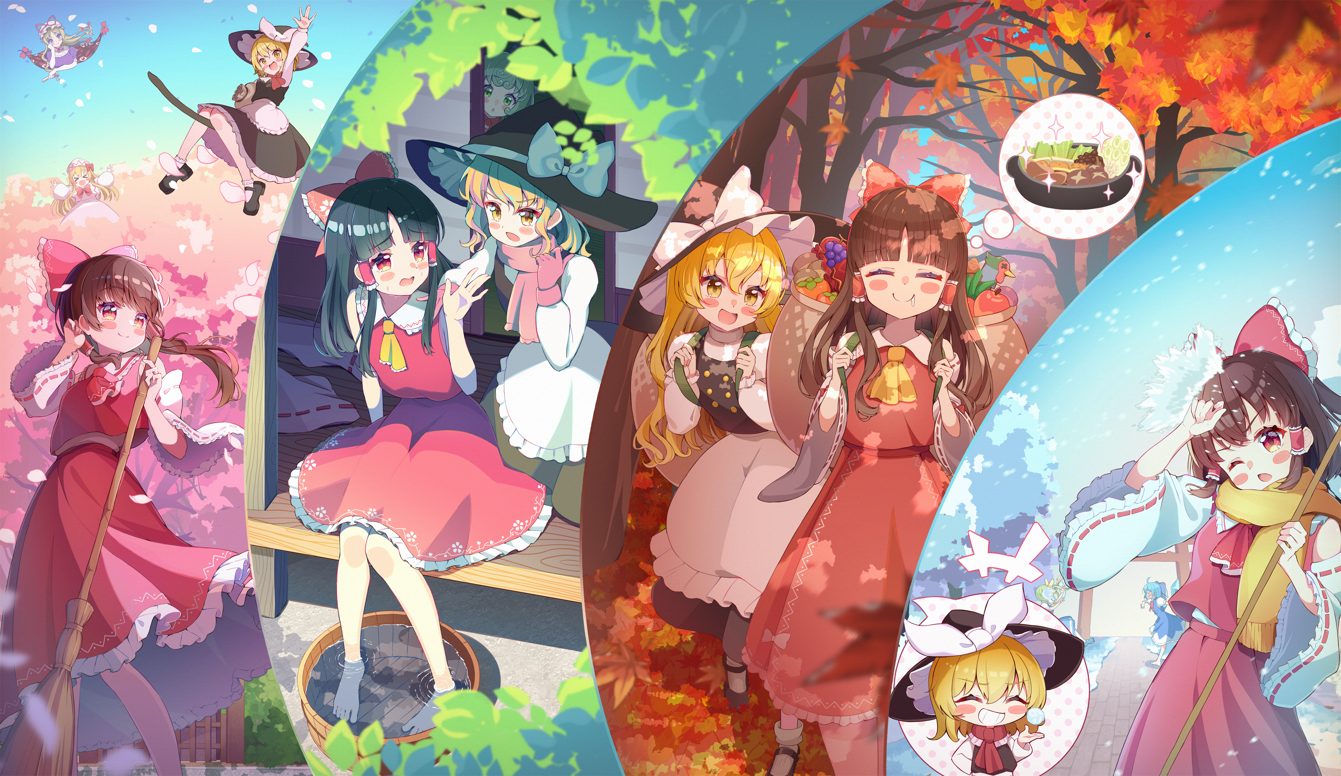 >_< +++ 6+girls ^_^ absurdres apple apron ascot autumn autumn_leaves barefoot basket black_hat black_shoes black_skirt black_vest blonde_hair blue_bow blue_dress blue_hair blush bow bowtie braid broom broom_riding brown_eyes brown_hair capelet cherry_blossoms cirno closed_eyes closed_mouth commentary_request daiyousei detached_sleeves detached_wings dress drooling falling_petals food food_request frilled_bow frilled_hair_tubes frills fruit gap_(touhou) gloves grapes green_eyes green_hair hair_bow hair_tubes hakurei_reimu hat hat_bow hat_ribbon highres holding holding_broom ice ice_wings kirisame_marisa knees_together_feet_apart komano_aunn leaf lily_white long_hair long_sleeves making-of_available mob_cap multiple_girls mushroom one_eye_closed open_mouth petals pinafore_dress pink_gloves pink_petals pink_scarf purple_dress rappi red_ascot red_bow red_bowtie red_skirt ribbon ribbon-trimmed_sleeves ribbon_trim scarf seasons shoes side_braid single_braid skirt skirt_set sleeveless sleeveless_dress smile snow snowball soaking_feet socks spring_(season) summer tabard toes touhou tree vest waist_apron water white_bow white_capelet white_hat white_socks wings winter witch_hat yakumo_yukari yellow_ascot yellow_eyes yellow_scarf