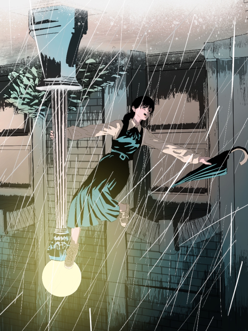 1girl black_dress black_eyes black_hair building bush chainsaw_man collared_shirt dress fourth_east_high_school_uniform holding holding_umbrella lamppost mitaka_asa night open_mouth pinafore_dress rain school_uniform shirt sleeveless sleeveless_dress solo umbrella upside-down white_shirt window yao_liao_wang