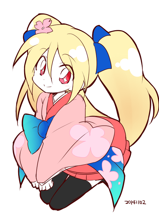 +_+ 1girl 2014 blonde_hair dated female_focus hair_ribbon japanese_clothes kimono red_eyes ribbon simple_background sitting smile solo suzume_(tanken_driland) take_no_ko tanken_driland thighhighs twintails white_background