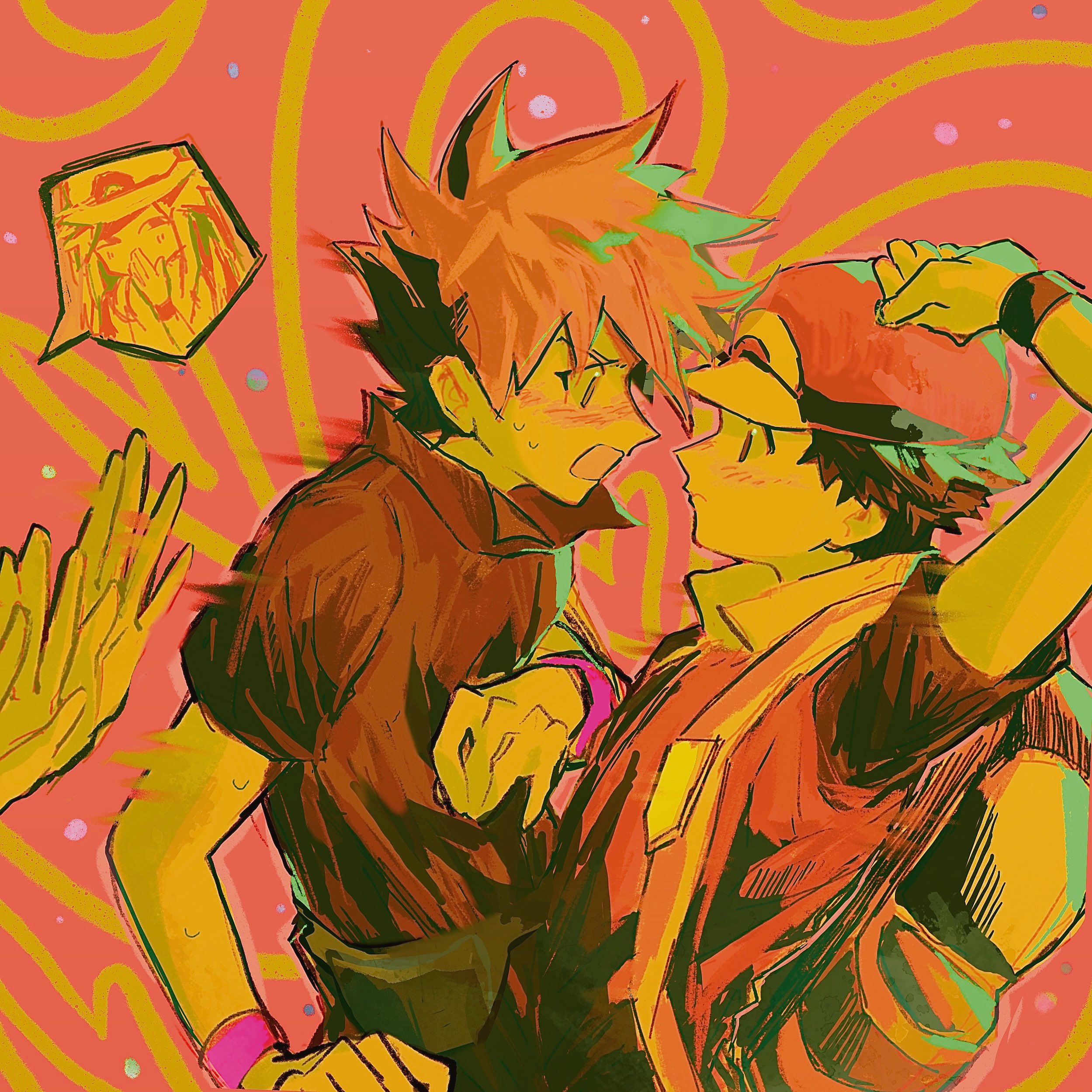 1girl 2boys absurdres arm_up armband backpack bag baseball_cap black_hair blue_oak blush brown_hair closed_mouth collared_jacket collared_shirt commentary covering_own_mouth dimsum2756 english_commentary fanny_pack game_freak green_(pokemon) hair_between_eyes hand_over_own_mouth hat highres image_in_speech_bubble jacket limited_palette male_focus motion_lines multiple_boys nervous_sweating nintendo open_mouth out_of_frame pokemon pokemon_frlg popped_collar profile purple_armband red_(pokemon) shirt short_hair short_sleeves shoving speech_bubble sweat upper_body yaoi