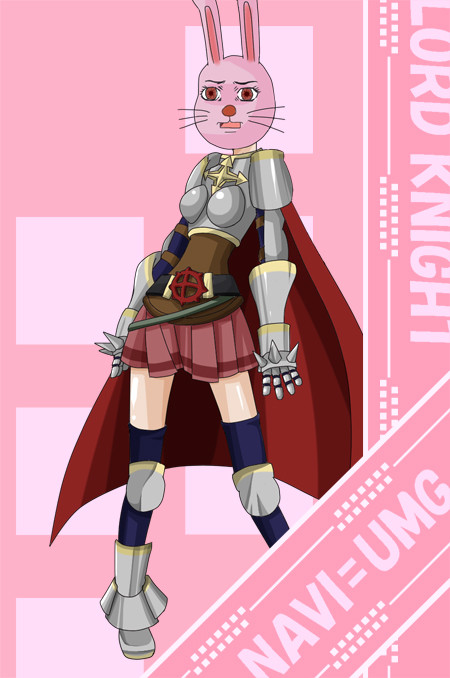 1girl armor armored_boots belt black_belt black_thighhighs boobplate boots breastplate commentary_request cross cross_of_prontera full_body lord_knight_(ragnarok_online) mask mere_(enya) miniskirt open_mouth pauldrons pink_background pink_skirt rabbit_mask ragnarok_online shoulder_armor skirt solo spiked_gauntlets thighhighs