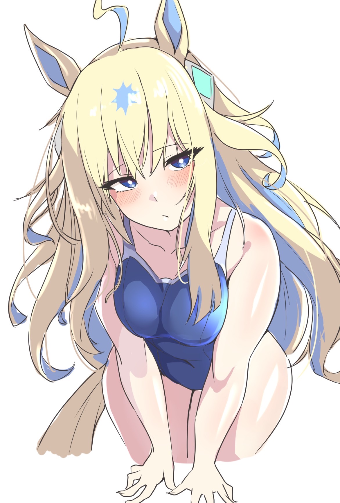 1girl ahoge animal_ears aqua_gemstone blonde_hair blue_eyes blush breasts gem hair_ornament head_tilt hekahire_isurus highres horse_ears horse_girl horse_tail looking_at_viewer medium_breasts multicolored_hair neo_universe_(umamusume) school_swimsuit simple_background solo swimsuit tail two-tone_hair umamusume white_background