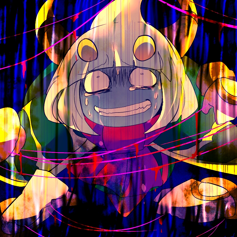 ahoge ascot black_background blue_background blunt_bangs blunt_ends cape commentary_request crying crying_with_eyes_open dark_skin dripping extra_eyes extra_hands gloves green_cape grin horns kirby_(series) nintendo no_humans open_mouth red_ascot scared sharp_teeth shirushiki short_hair smile solid_eyes solo spreading_cape straight-on string striped_cape taranza teardrop tears teeth two-tone_background white_eyes white_gloves white_hair yellow_eyes yellow_horns