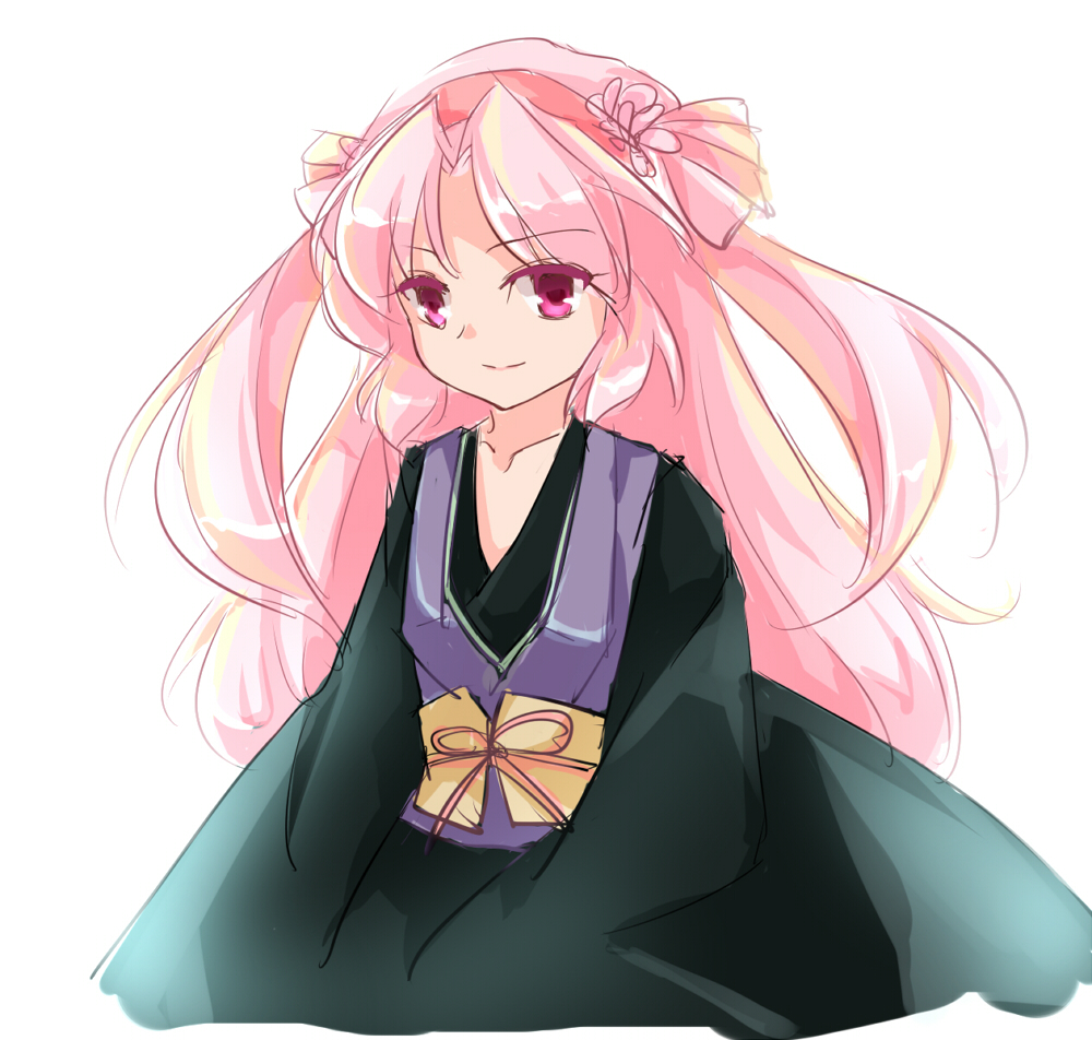 1girl akinomiya_asuka female_focus flower frills hairband japanese_clothes kimono long_hair original pink_eyes pink_hair riverbed_soul_saver skirt smile solo touhou twintails yamatoyo_no_momohime