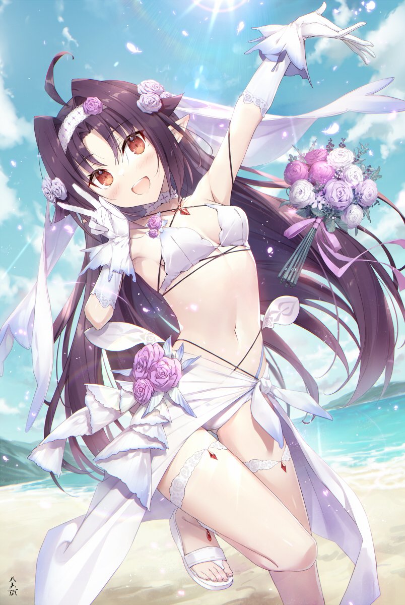 1girl :d ahoge arm_up beach blush bouquet bra breasts bridal_veil bride choker cleavage fairy flower gabiran gloves hair_flower hair_ornament hairband highres leg_up long_hair looking_at_viewer navel ocean open_mouth outdoors panties pointy_ears purple_hair red_eyes small_breasts smile solo sword_art_online underwear v veil white_bra white_choker white_gloves white_hairband white_panties yuuki_(sao)