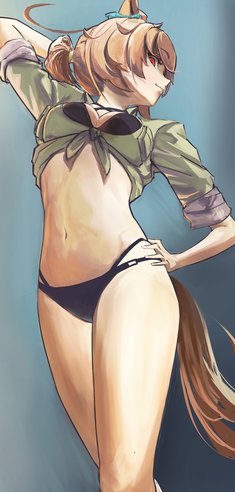 1girl agnes_tachyon_(umamusume) ahoge animal_ears arm_behind_head arm_up bikini black_bikini breasts brown_hair brown_shirt closed_mouth ear_ornament hair_between_eyes hand_on_own_wrist high-waist_bikini highres horse_ears horse_girl horse_tail huge_ahoge large_breasts long_sleeves looking_at_viewer navel o_ko_ge2024 ponytail red_eyes shirt short_hair short_ponytail sleeves_rolled_up solo swimsuit tail tied_shirt umamusume