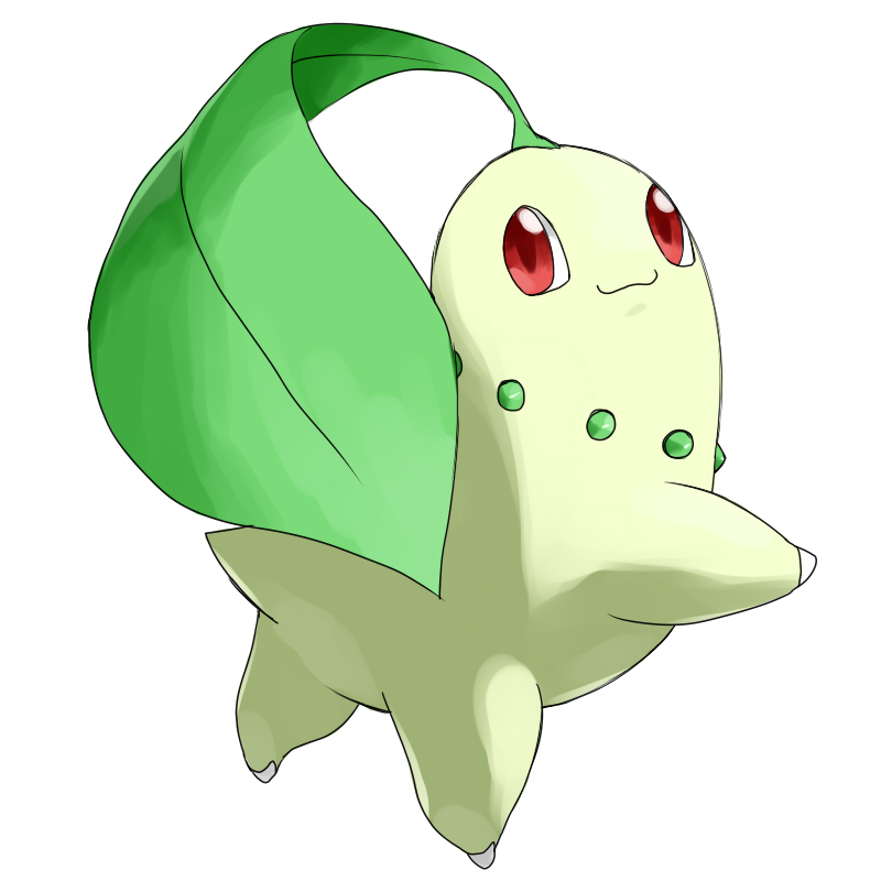 chikorita colored_skin gen_2_pokemon good_frog green_skin looking_at_viewer nintendo no_humans pokemon pokemon_(creature) red_eyes simple_background solo white_background