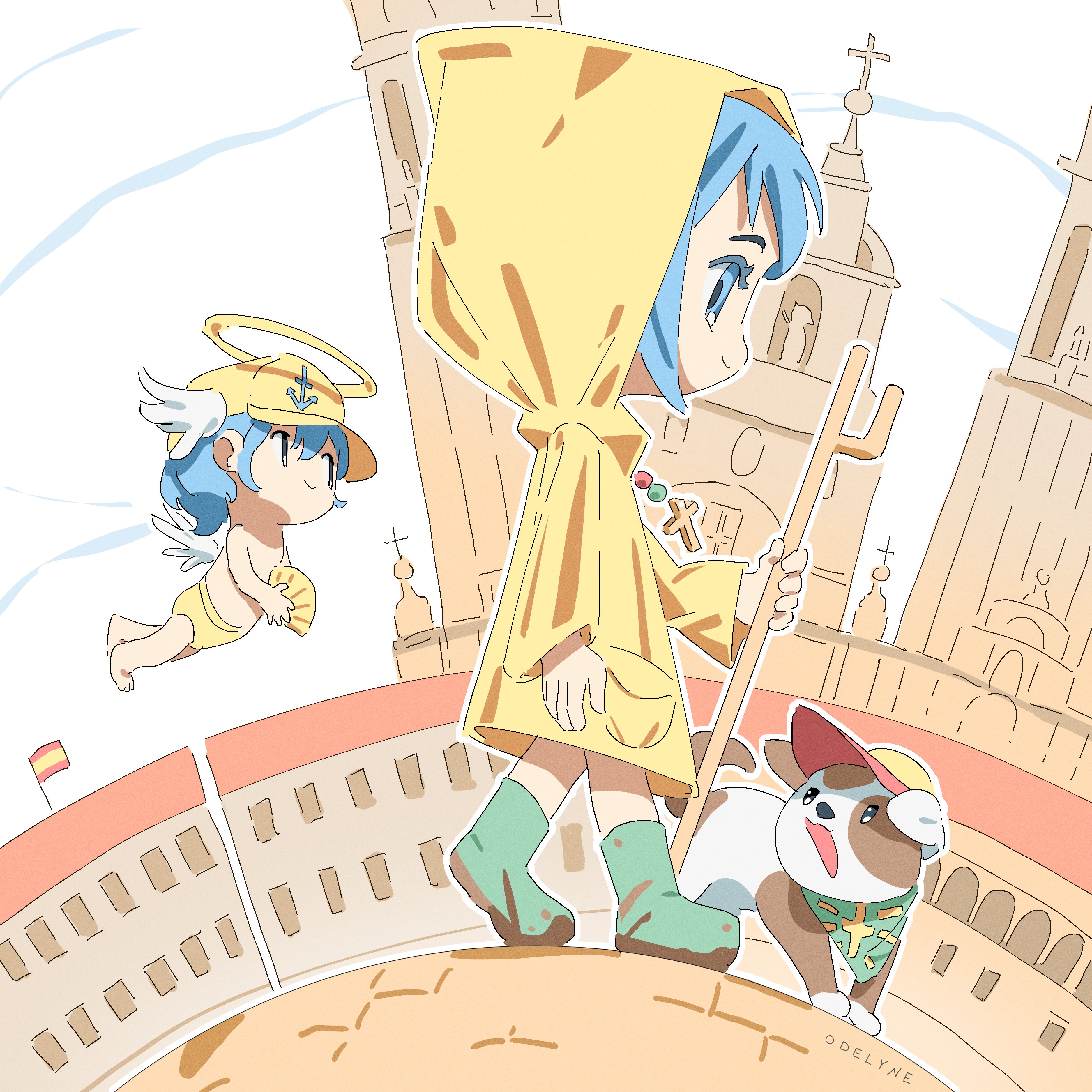 1boy 1girl absurdres anchor_symbol angel angel_wings animal_ears bandana bare_legs baseball_cap blue_bandana blue_eyes blue_hair boots cane church cloud cloudy_sky cross cross_necklace dirty_footwear dog_ears fanged_bangs full_body green_footwear halo hat highres holding holding_cane hood hood_up iubi_(jubilee_2025) jewelry jubilee_2025 looking_to_the_side luce_(jubilee_2025) male_underwear necklace od3lyne raincoat rubber_boots santiago_de_compostela santino_(jubilee_2025) shell signature sky spanish_flag underwear walking wings yellow_hat yellow_male_underwear yellow_raincoat