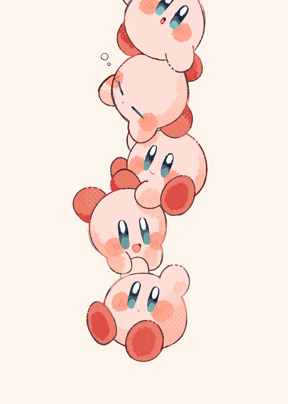 :d :o arms_up blue_eyes blush blush_stickers closed_eyes closed_mouth commentary_request guarani_(muku_6930) hanging_on highres holding_hands kirby kirby_(series) looking_at_viewer multiple_persona nintendo no_humans open_mouth simple_background sleeping smile squeans white_background
