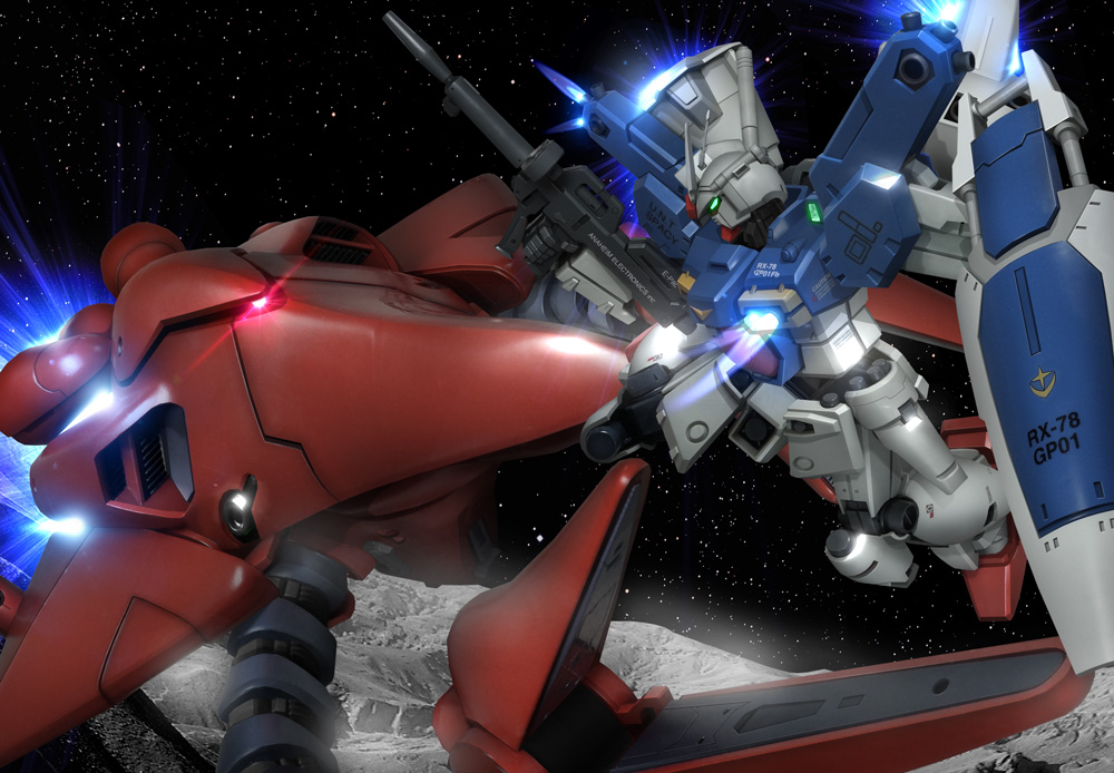 1990s_(style) battle beam_rifle claws energy_gun glowing glowing_eye gun gundam gundam_0083 gundam_gp-01_full_vernian_zephyranthes hiropon_(tasogare_no_puu) mecha moon no_humans retro_artstyle robot shield space star_(symbol) val_varo weapon zero_gravity
