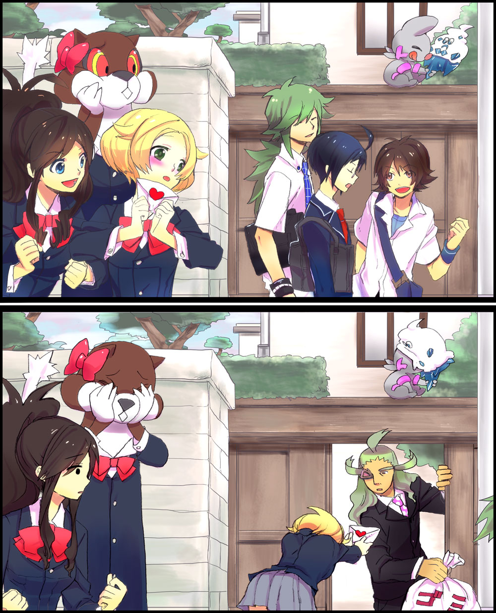 2girls 4boys bianca_(pokemon) black_hair blonde_hair blue_eyes blush brown_hair cheren_(pokemon) closed_eyes facepalm failure gen_5_pokemon ghetsis_(pokemon) glasses green_hair highres hilbert_(pokemon) hilda_(pokemon) ishihara_nobuko kuronomine letter love_letter lovely_complex multiple_boys multiple_girls n_(pokemon) nintendo parody pokemon pokemon_(creature) pokemon_bw ponytail role_reversal school_uniform short_hair style_parody timburr vanillish vore watchog