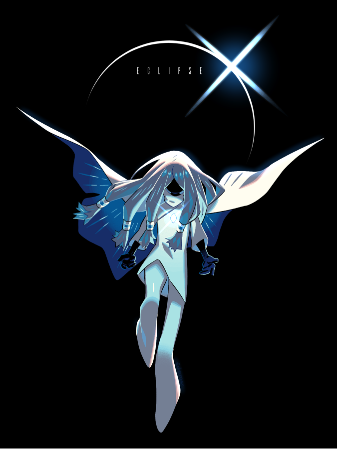 black_background black_skin blue_cape cape colored_skin eclipse edarow english_text full_body glowing long_hair low-tied_long_hair sky:_children_of_the_light sky_child solo two-sided_cape two-sided_fabric white_cape white_hair