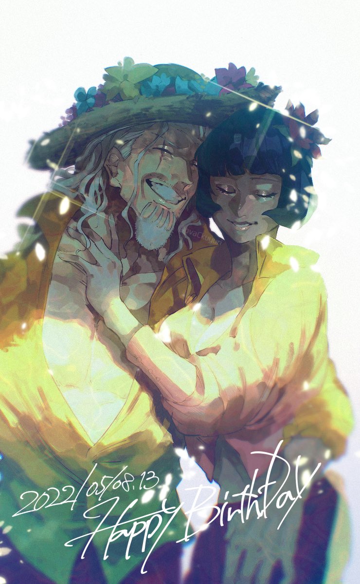 1boy 1girl 2022 artist_request birthday black_hair bob_cut breasts cleavage dated fingernails glowing grin happy happy_birthday hat hetero highres hug husband_and_wife large_breasts lips long_hair one_piece pectorals scar scar_across_eye scar_on_face shakuyaku_(one_piece) silvers_rayleigh smile straw_hat white_background white_hair