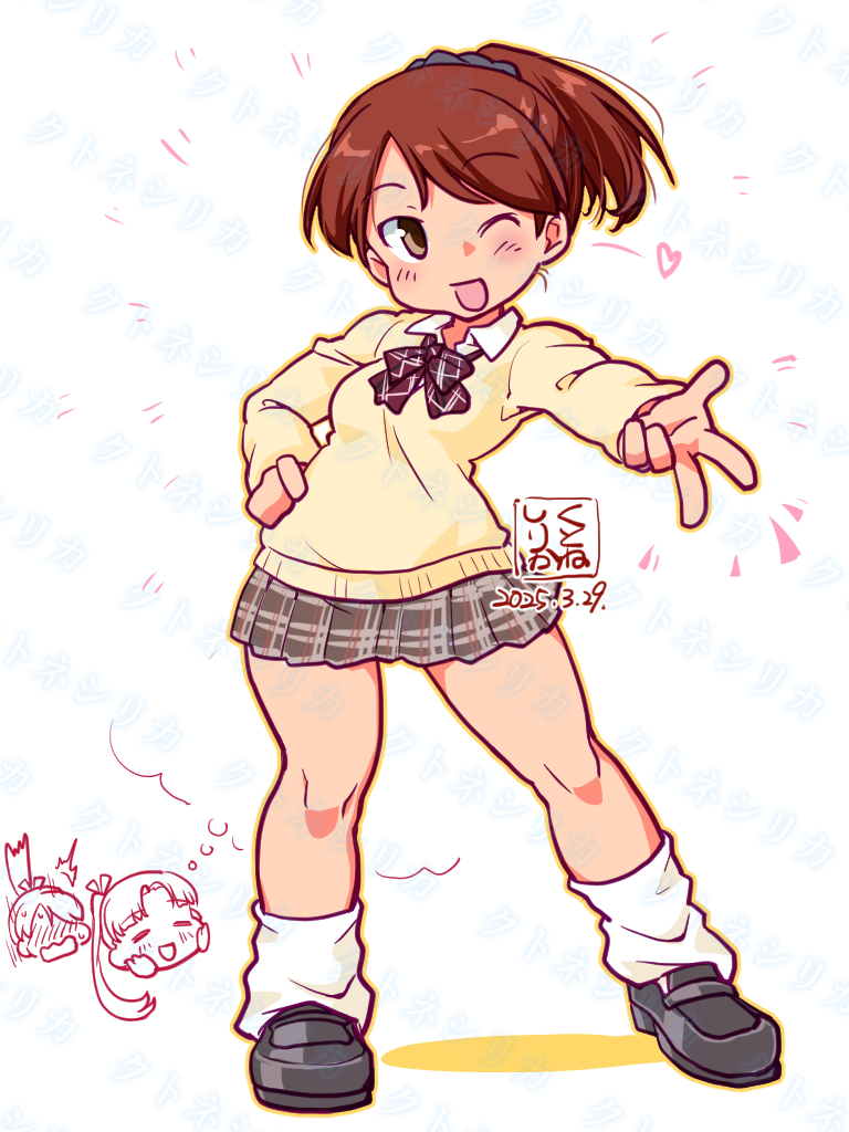 2girls alternate_costume artist_logo ayanami_(kancolle) black_shoes bow bowtie brown_bow brown_bowtie brown_eyes brown_hair collared_shirt commentary_request dated dress_shirt full_body grey_skirt kantai_collection kutone_shirika loafers logo multiple_girls one_eye_closed pleated_skirt ponytail shikinami_(kancolle) shirt shoes short_hair skirt socks solo_focus sweater white_shirt white_socks yellow_sweater