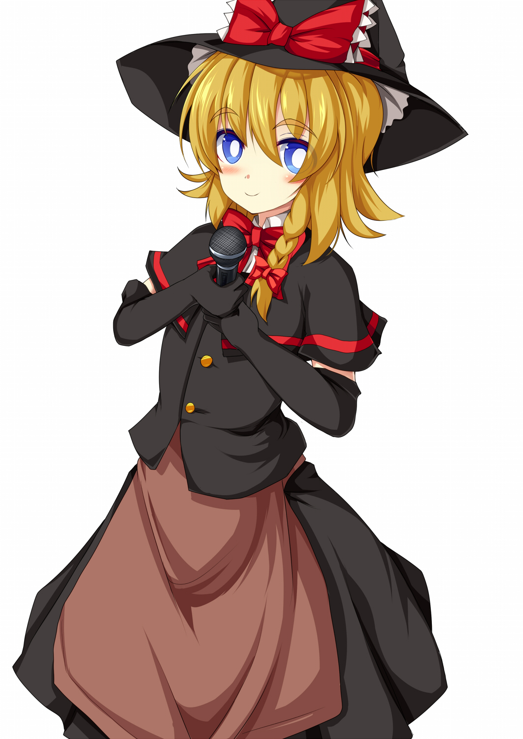 1girl apron black_capelet black_gloves black_hat black_skirt black_vest blonde_hair blue_eyes blush bow bowtie bright_pupils brown_apron buttons capelet closed_mouth commentary_request cookie_(touhou) elbow_gloves feet_out_of_frame frilled_bow frilled_hat frills gloves hair_between_eyes hair_bow hat hat_bow highres holding holding_microphone kirisame_marisa long_hair looking_at_viewer meguru_(cookie) microphone red_bow red_bowtie simple_background skirt smile solo szk touhou vest waist_apron white_background white_pupils witch_hat