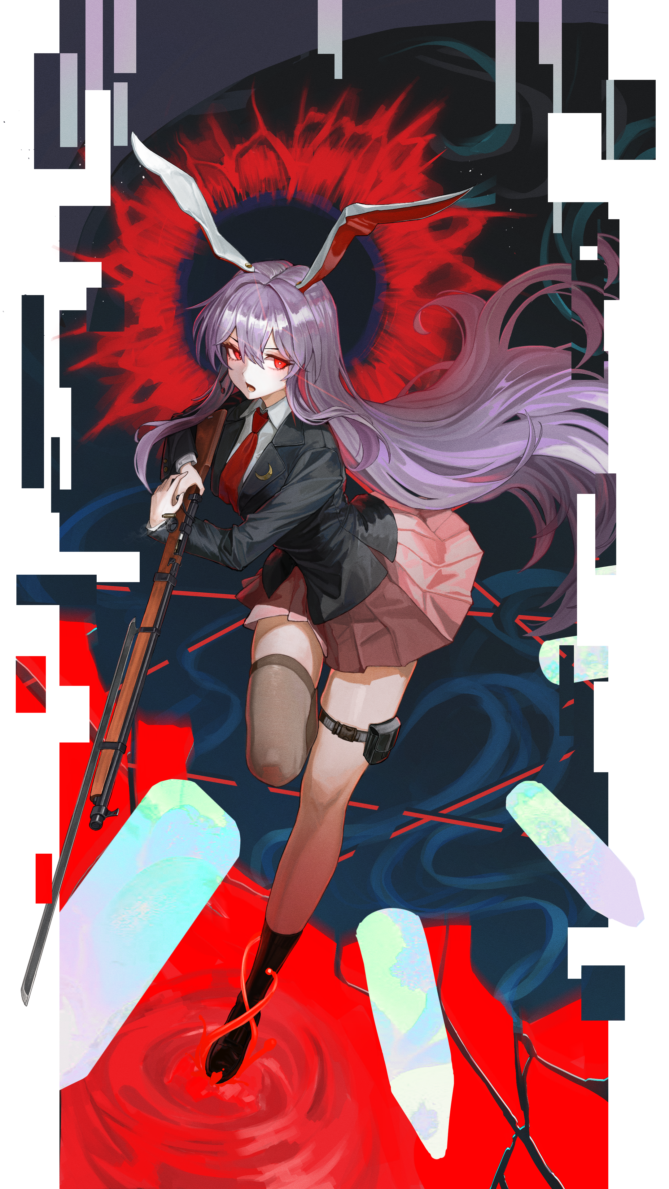 1girl absurdres animal_ears bayonet black_jacket blazer bullet gun highres jacket long_hair necktie open_mouth pink_skirt pouch purple_hair rabbit_ears rabbit_girl red_eyes red_necktie reisen_udongein_inaba rifle single_thighhigh skirt solo thigh_pouch thighhighs touhou very_long_hair weapon yinian