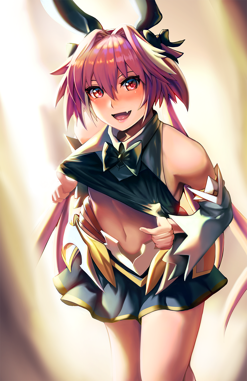 1boy astolfo_(fate) astolfo_(saber)_(fate) astolfo_(saber)_(first_ascension)_(fate) black_bow black_ribbon blush bow bowtie comic-z detached_sleeves fang fate/apocrypha fate/grand_order fate_(series) hair_bow hair_intakes hair_ribbon highres long_hair looking_at_viewer male_focus multicolored_hair navel pink_hair pleated_skirt purple_eyes ribbon skin_fang skirt smile solo streaked_hair trap twintails white_hair