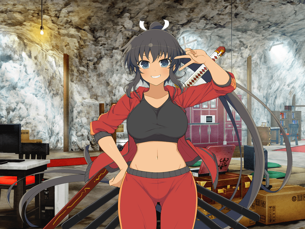 1girl ahoge black_hair black_sports_bra blush bookshelf box breasts cabinet cardboard_box cave chair collarbone computer dark-skinned_female dark_skin gluteal_fold green_eyes grin groin hair_ribbon hanging_light high_ponytail homura_(senran_kagura) jacket katana laptop large_breasts linea_alba long_hair looking_at_viewer navel ootachi open_clothes open_jacket ponytail red_track_jacket red_track_suit ribbon scabbard senran_kagura senran_kagura_new_link senran_kagura_shoujo-tachi_no_shin&#039;ei sheath sheathed sidelocks smile solo sports_bra sword table tan teeth track_suit tsuba_(guard) tsuka-ito v v_over_eye very_long_hair weapon white_ribbon