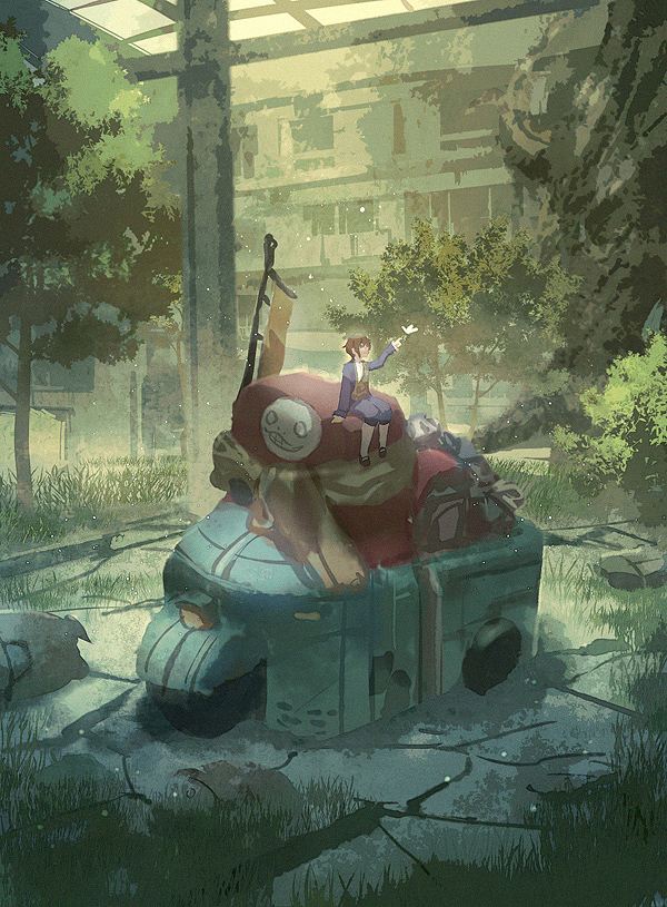 1boy bird brown_hair crack cracked_floor emil_(nier) flag grass machine male_focus nier_(series) overgrown pants post-apocalypse purple_eyes purple_pants ruins sitting socks solo stone toruglose tree white_bird white_socks