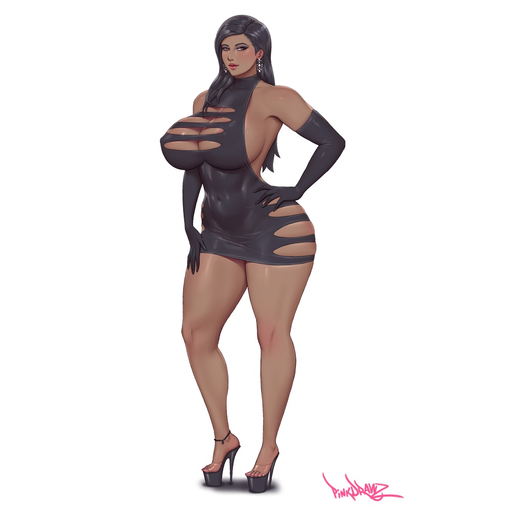 1girl anklet areola_slip backless_dress backless_outfit bare_back black_footwear black_hair blush breasts cleavage covered_erect_nipples curvy dark-skinned_female dark_skin dress earrings elbow_gloves eyeshadow full_body gloves halterneck hand_on_own_hip hand_on_own_thigh high_heels huge_breasts jewelry latex latex_dress long_hair makeup nail_polish narrowed_eyes navel original parted_hair pinkdrawz platform_footwear platform_heels shiny_clothes shiny_skin sideboob sideless_outfit signature skin_tight skindentation solo stiletto_heels thick_lips thick_thighs thighs toe_ring toenail_polish toenails white_background wide_hips