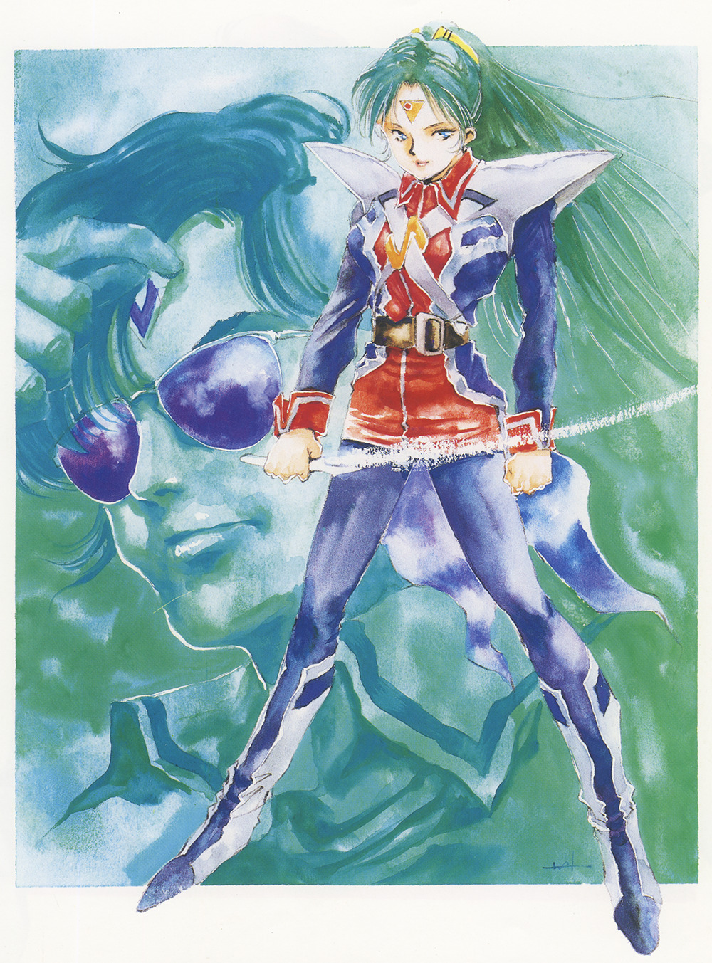 1980s_(style) 1boy 1girl athena_henderson boots chiram choujikuu_seiki_orguss energy_sword green_hair highres looking_at_viewer mikimoto_haruhiko military military_uniform official_art oldschool olson_verne orguss painting_(medium) production_art retro_artstyle scan science_fiction signature sticker sunglasses sword traditional_media weapon