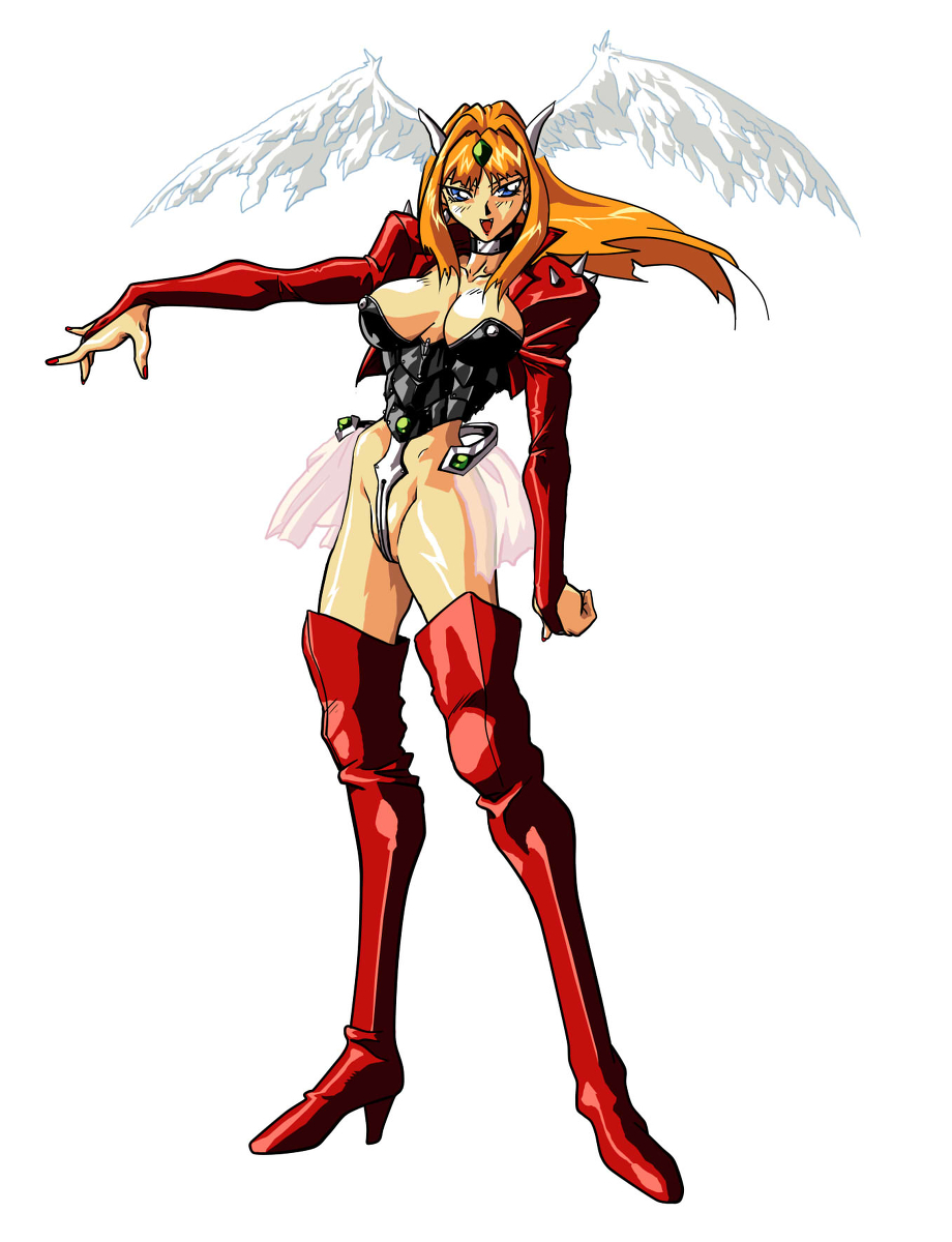 1990s_(style) 1girl blonde_hair breasts choujin_gakuen_gowcaizer cleavage elphie_elfman gowcaizer highres jacket necrocaizer oobari_masami retro_artstyle wings