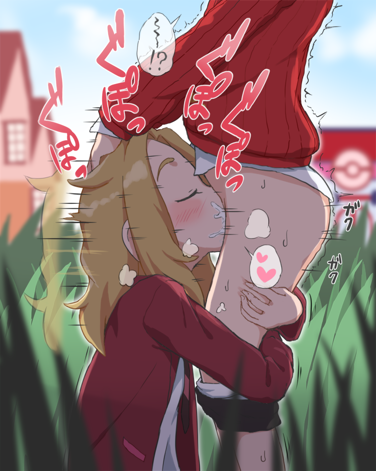 1boy 1girl black_pants blazer blonde_hair blush bubukka closed_eyes cum cum_in_mouth day deepthroat fellatio grass hands_on_another&#039;s_head heart hetero hug hug_and_suck jacket lass_(pokemon) lass_(pokemon_swsh) long_sleeves motion_lines nintendo oral outdoors panties pants panty_pull pokemon pokemon_swsh red_sweater school_uniform short_hair solo_focus speech_bubble speed_lines spoken_heart sweat sweater underwear waist_hug white_panties youngster_(pokemon)