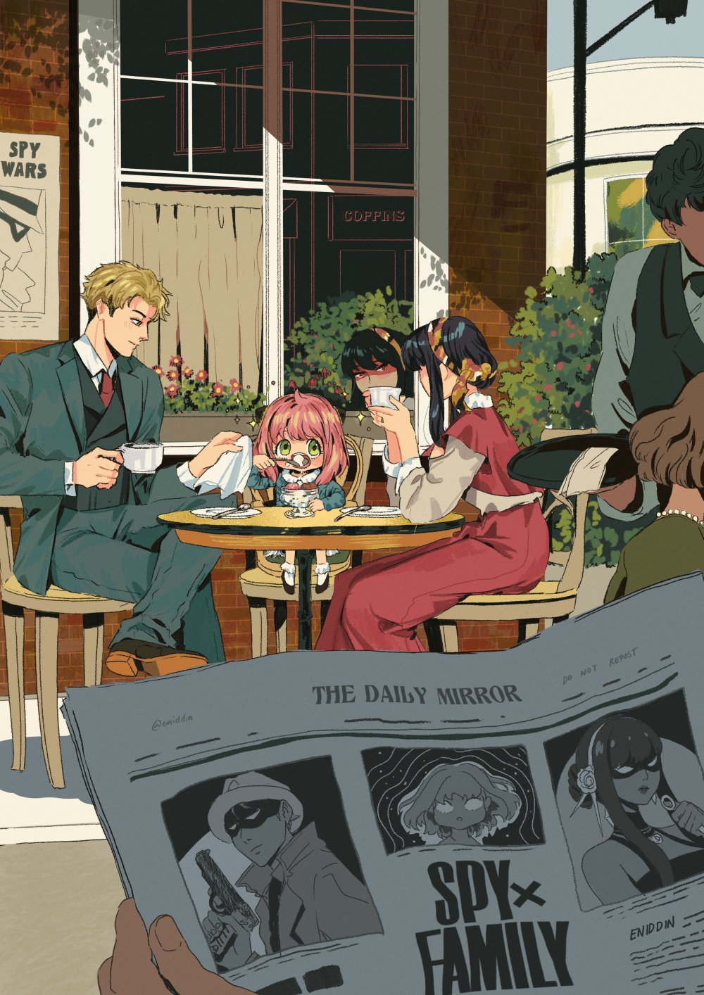1other 2boys 3girls anya_(spy_x_family) brick_wall child coffee_mug cup disposable_cup eating empty_eyes eniddin extra faceless faceless_male food formal_clothes head_out_of_frame highres holding holding_cup holding_newspaper ice_cream lapels looking_at_viewer mug multiple_boys multiple_girls newspaper notched_lapels on_chair outdoors pov pov_hands profile reflection sitting spy_x_family staring suit twilight_(spy_x_family) yor_briar