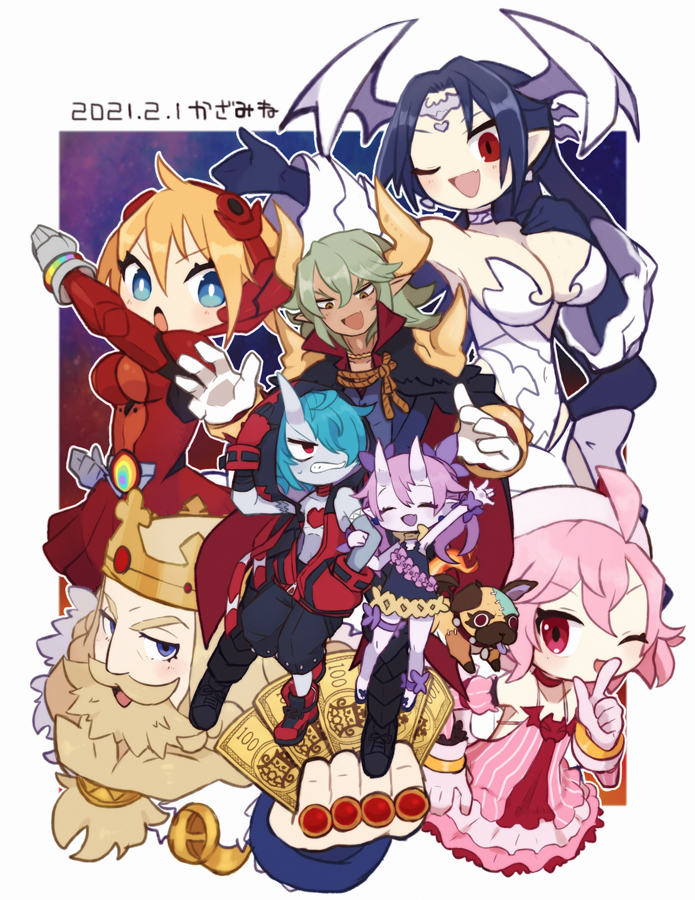 3boys 4girls :d :o ;d ahoge ankle_bow ankle_ribbon arm_up armor bare_arms bare_legs beard bieko_(disgaea) black_hair black_shorts blonde_hair blue_eyes blue_hair blue_skin bodysuit bow breasts cape cerberus_(disgaea) choker chusedol chusendol_(disgaea) closed_eyes colored_skin crown dated disgaea dog dress facial_hair gloves green_hair grey_gloves hair_over_one_eye happy hat head_wings headgear hood hoodie horns ivar_(disgaea) jewelry kazamine_(stecca) large_breasts leg_ribbon long_hair majolene makai_senki_disgaea_6 melodia_(disgaea) messy_hair money multiple_boys multiple_girls mustache nijino_piyori no_nose one_eye_closed open_mouth overlord_ivar pauldrons pink_dress pink_hair purple_dress purple_hair purple_skin purple_wrist_cuffs red_bodysuit red_eyes red_footwear red_gloves red_neckwear ribbon ring shoes short_hair shorts shoulder_armor signature single_horn skin-covered_horns smile spikes striped_clothes striped_dress tan thighlet twintails vertical-striped_clothes vertical-striped_dress white_dress white_headwear white_neckwear wings wrist_cuffs yellow_neckwear zed zed_(disgaea)