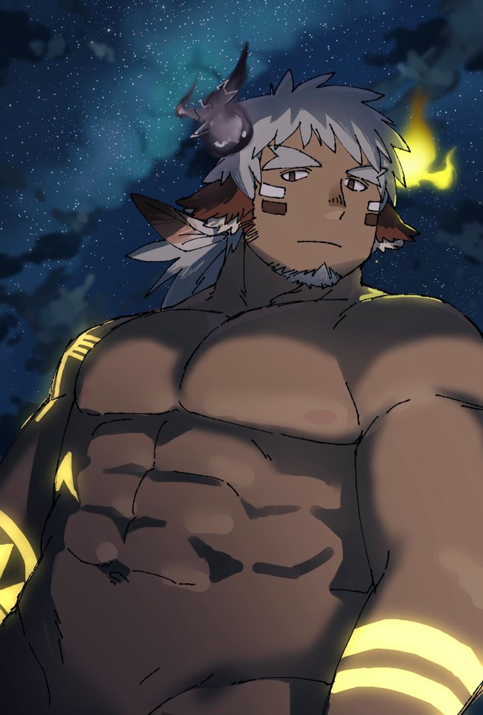 1boy abs animal_ears arm_tattoo arms_at_sides asymmetrical_horns bara completely_nude cow_boy cow_ears cow_horns dark-skinned_male dark_skin expressionless eye_black facial_hair fiery_horns forked_eyebrows glowing_horns glowing_tattoo goatee grey_hair groin haishiba_ame horns large_pectorals long_hair looking_at_viewer low_ponytail male_focus mismatched_horns muscular muscular_male nipples nude out-of-frame_censoring pectorals ponytail sideburns_stubble sky solo spiked_hair star_(sky) starry_sky stomach strongman_waist stubble tattoo thick_eyebrows tokyo_houkago_summoners tribal tribal_tattoo turning_head wakan_tanka wakan_tanka_mugen