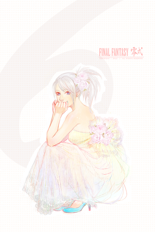 1girl alternate_costume blue_eyes copyright_name dress female_focus final_fantasy final_fantasy_type-0 flower formal_clothes hair_flower hair_ornament high_heels j_(onose1213) ponytail shoes sice_(fft-0) silver_hair solo squatting