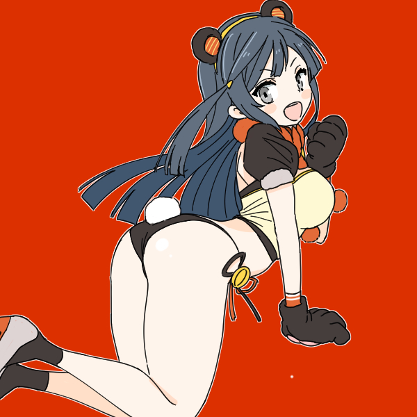1girl :d animal_ear_hairband animal_ears animal_hands ass black_gloves black_hair black_socks blush_stickers breasts commentary_request exciting_animal_(love_live!) fake_animal_ears fake_tail gloves grey_eyes grey_shoes hair_ornament hairband hashtag-only_commentary large_breasts long_hair looking_at_viewer looking_back love_live! love_live!_nijigasaki_high_school_idol_club love_live!_school_idol_festival_all_stars official_alternate_costume one_side_up open_mouth panda_ears panda_tail paw_gloves puffy_short_sleeves puffy_sleeves red_background shinanoya_(satanicad) shoes short_sleeves simple_background smile socks solo tail teeth triangle_hair_ornament upper_teeth_only v-shaped_eyebrows yellow_hairband yuki_setsuna