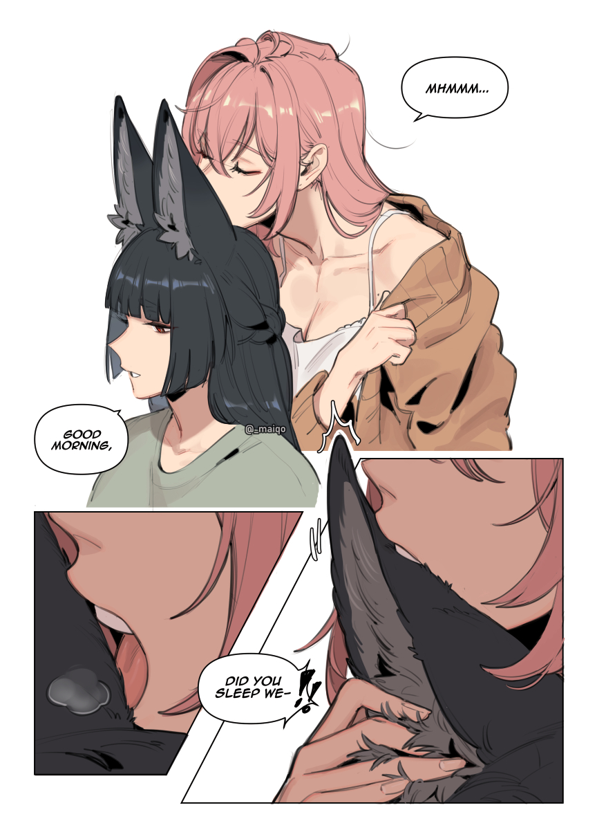2girls animal_ears biting biting_ear black_hair breasts closed_eyes english_text highres hoshimi_miyabi long_hair maiqo multiple_girls open_mouth smelling smelling_hair teeth tongue tsukishiro_yanagi upper_teeth_only yuri zenless_zone_zero