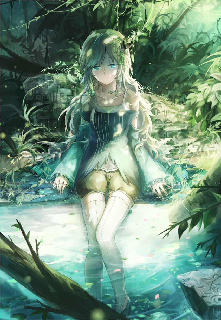 1girl bad_id bad_pixiv_id beads commentary_request day domik female_focus forest green_eyes green_hair green_theme hair_beads hair_ornament half-closed_eyes highres horns log matching_hair/eyes nature original outdoors partially_submerged pixiv_fantasia pixiv_fantasia_t plant pumpkin-shaped_pants runes single_horn sitting soaking_feet solo steam thighhighs vines water white_thighhighs wide_sleeves