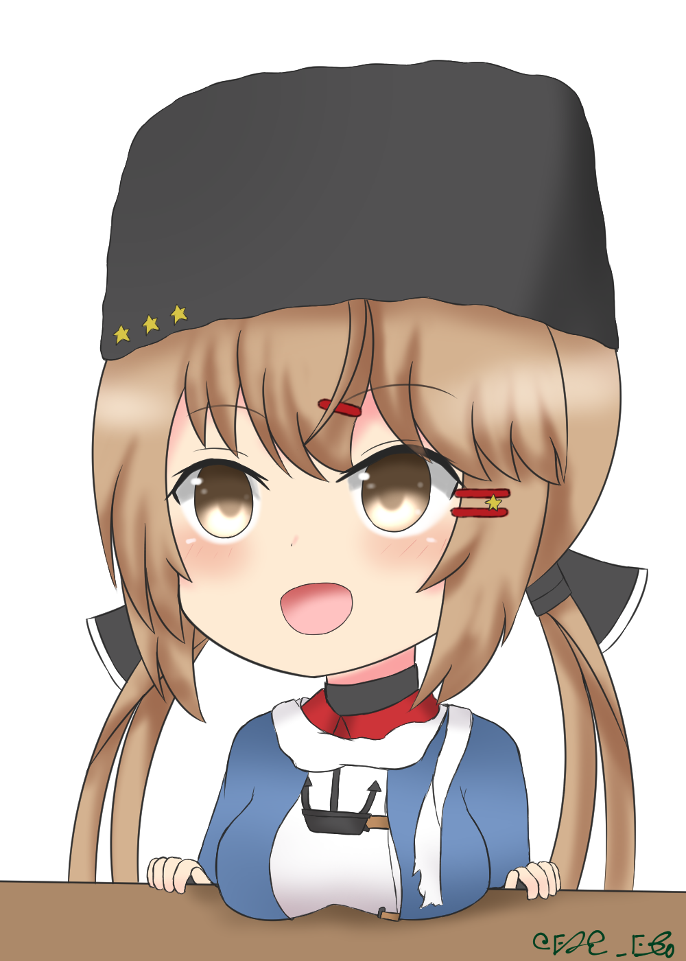 1girl black_bow blouse blue_shawl blush bow breast_rest breasts brown_eyes brown_hair chibi etowaaru female_focus fur_hat hair_between_eyes hair_ornament hat highres kantai_collection large_breasts long_hair looking_at_viewer low_twintails papakha red_eyes red_shirt shawl shirt simple_background solo star_(symbol) tashkent_(kancolle) twintails