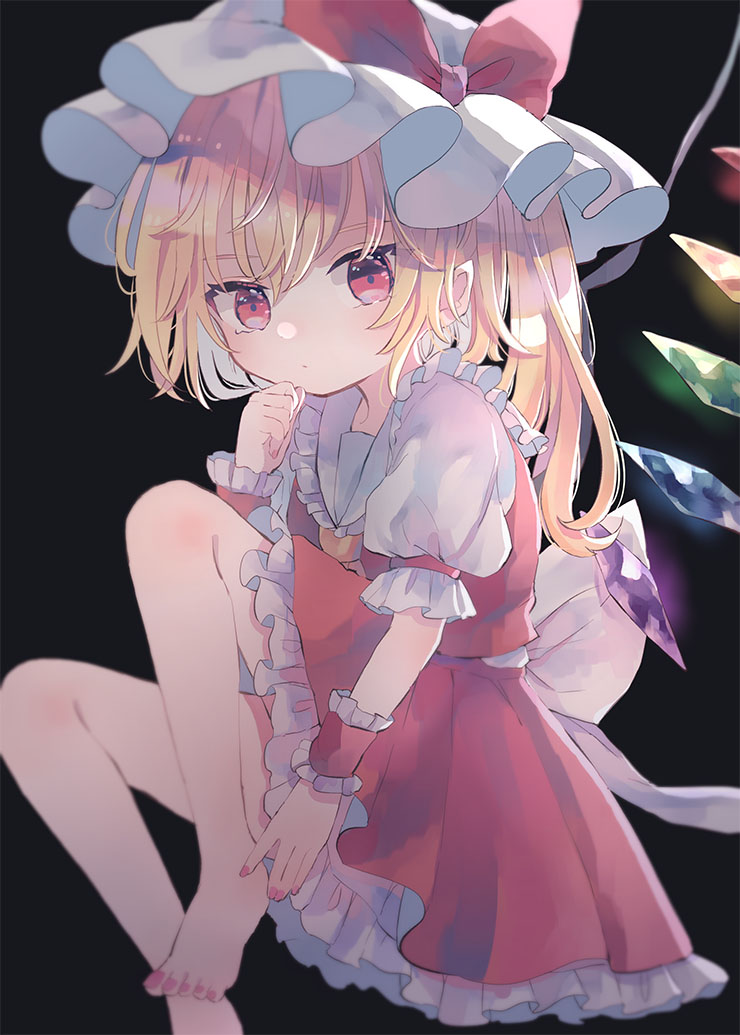 1girl ascot barefoot bat_wings blonde_hair comiket_99 crystal flandre_scarlet full_body hat hat_ribbon hiyuu_(hiyualice) mob_cap multicolored_wings one_side_up puffy_short_sleeves puffy_sleeves red_eyes red_skirt red_vest ribbon short_sleeves side_ponytail skirt skirt_set solo touhou vest white_hat wings yellow_ascot