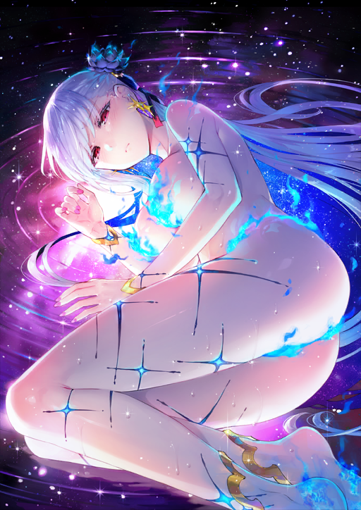 1girl anklet ass bare_shoulders barefoot bracelet breasts closed_mouth colored_inner_hair earrings fate/grand_order fate_(series) feet_out_of_frame fiery_clothing fingernails flaming_foot flower frown game_cg hair_flower hair_ornament hair_ribbon jewelry kama_(fate) kama_(swimsuit_avenger)_(third_ascension)_(fate) large_breasts long_hair looking_at_viewer lying multicolored_hair official_art on_side parted_lips pink_nails purple_ribbon red_eyes redrop ribbon ripples single_sidelock solo starry_hair third-party_source very_long_hair white_hair