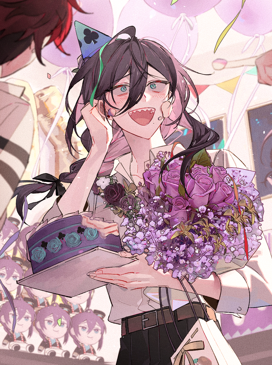 2boys ahoge amagi_hiiro anight aqua_eyes ayase_mayoi birthday black_bow bouquet bow braid cake ensemble_stars! flower food hair_between_eyes hair_bow hat highres holding holding_bouquet holding_cake holding_food long_hair mole mole_under_mouth multiple_boys open_mouth party_hat purple_flower purple_rose red_hair rose sharp_teeth smile stuffed_toy teeth tucking_hair upper_teeth_only