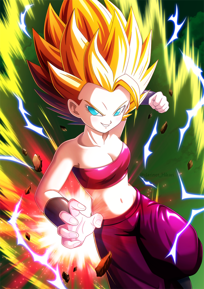 1girl asymmetrical_hair bare_shoulders blonde_hair blue_eyes breasts caulifla cleavage clenched_hand cloud commentary crop_top dragon_ball dragon_ball_super electricity fighting_stance green_background green_sky grin hikari_(hikari_no_kobako) midriff navel pants parted_lips pink_shirt purple_pants rock saiyan shirt sky sleeveless small_breasts smile solo super_saiyan super_saiyan_2 teeth tomboy twitter_username